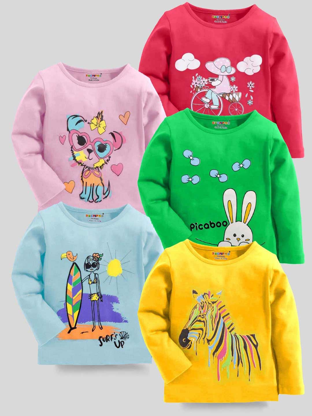 

KUCHIPOO Girls Pack of 5 Printed Round Neck T-shirts, Multi