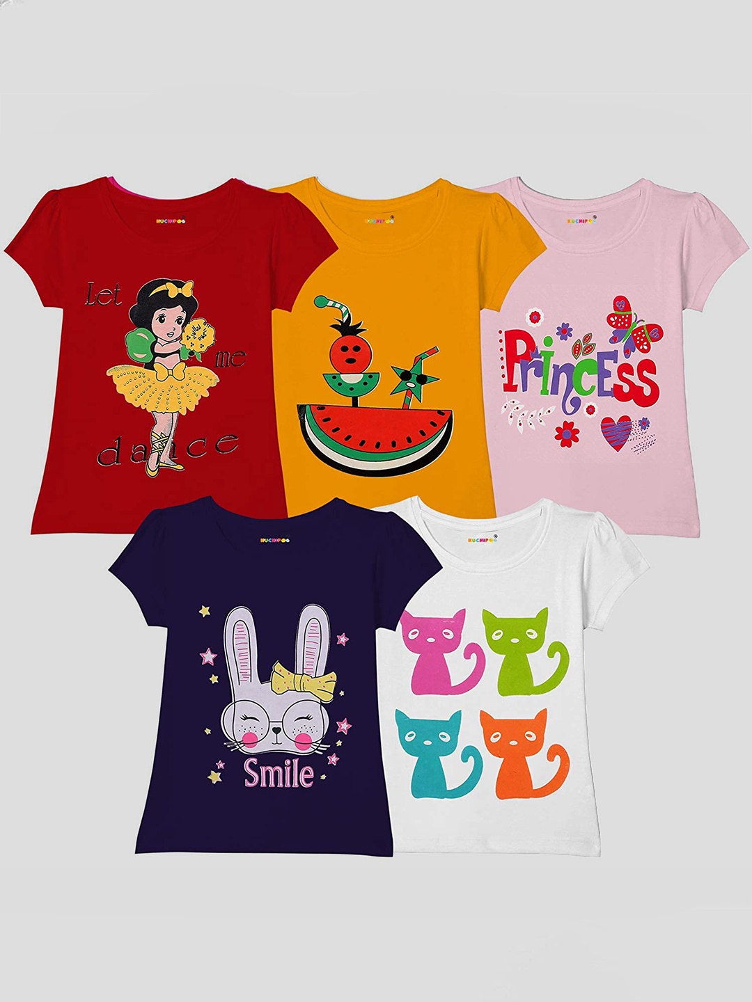 

KUCHIPOO Girls Pack of 5 Printed Round Neck T-shirts, Multi