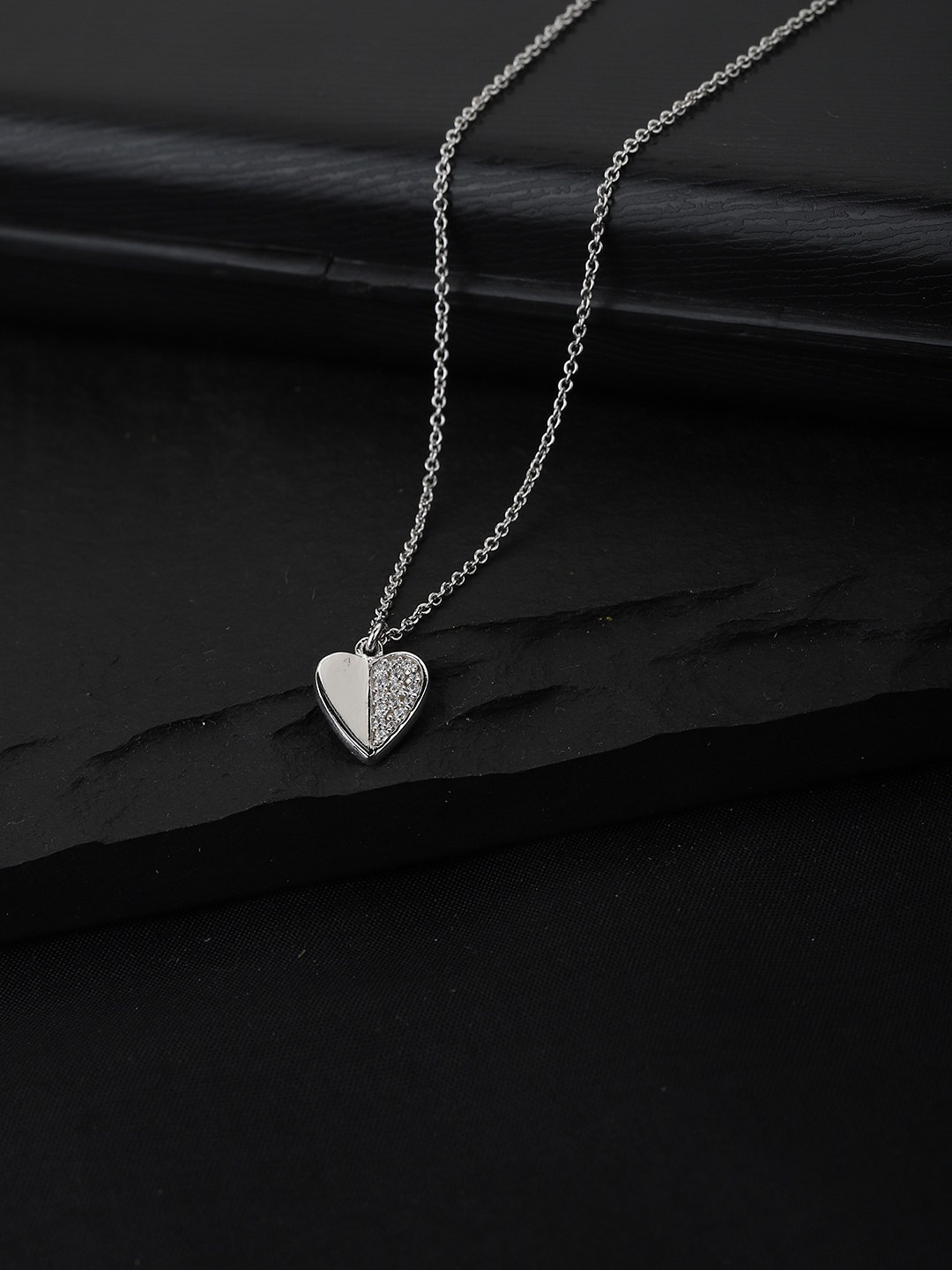 

Carlton London Silver Toned Rhodium Plated CZ Studded Heart Shaped Minimal Necklace