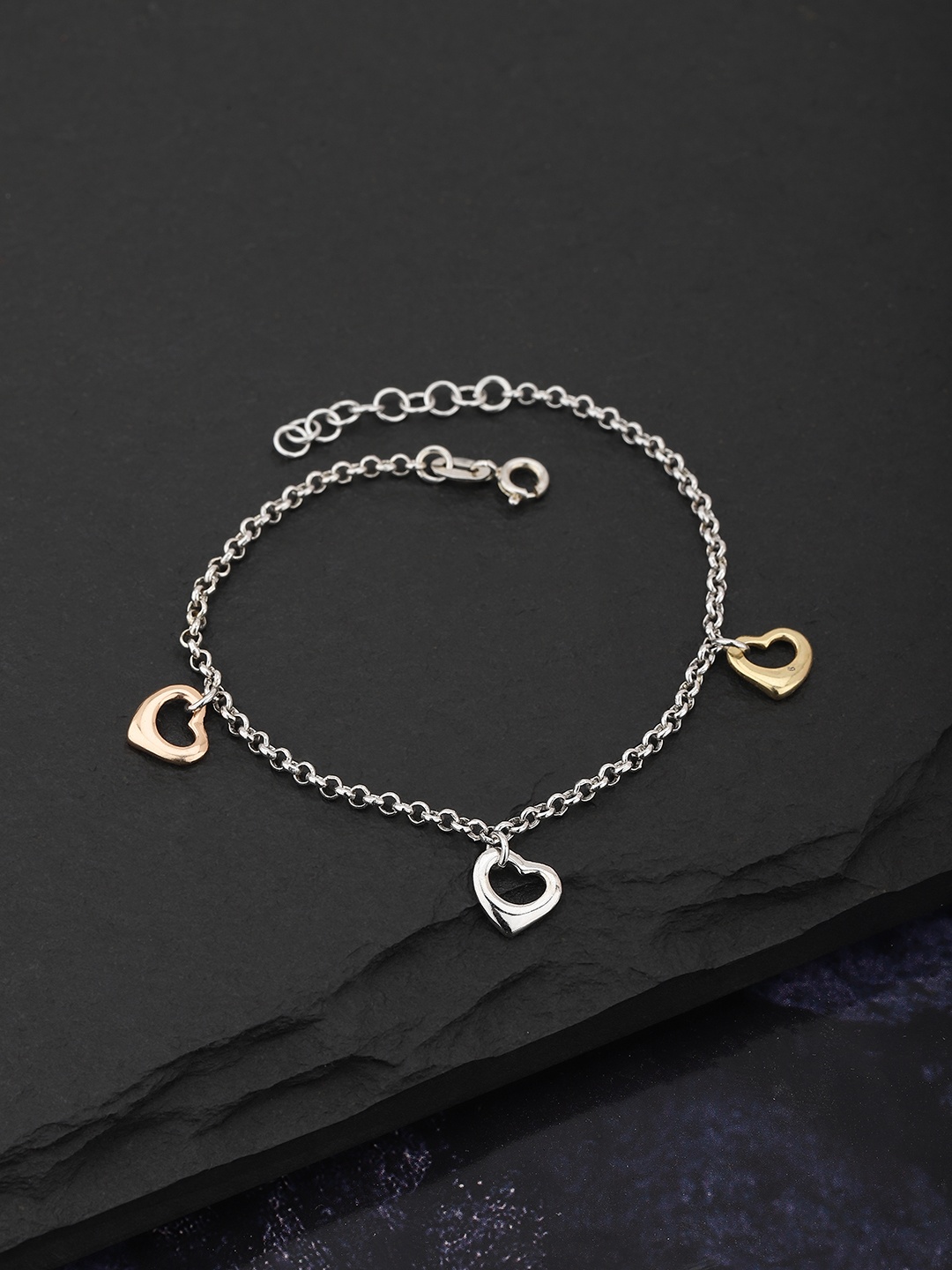 

Carlton London Silver-Toned & Gold-Toned Rhodium-Plated Heart-Shaped Charm Bracelet