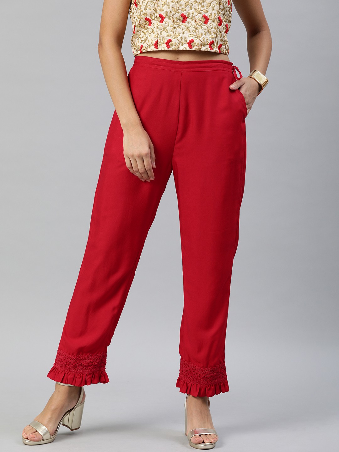 

Inddus Women Red Regular Fit Rayon Crochet Lace Trousers