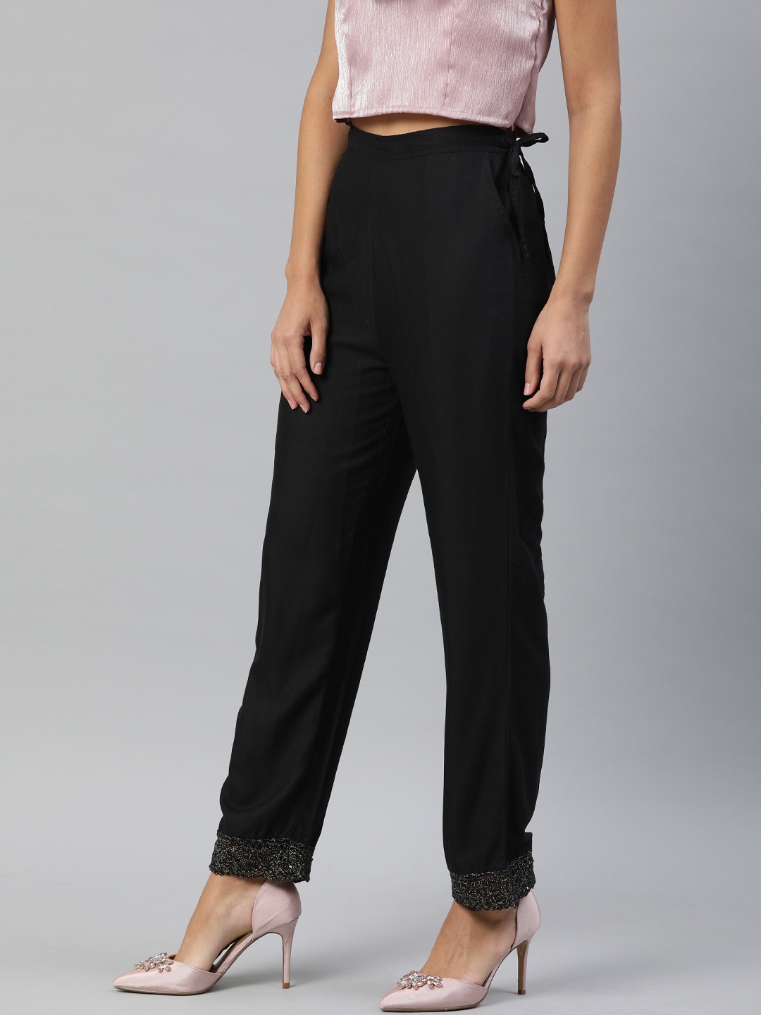 

Inddus Women Black Regular Fit Rayon Crochet Lace Trousers