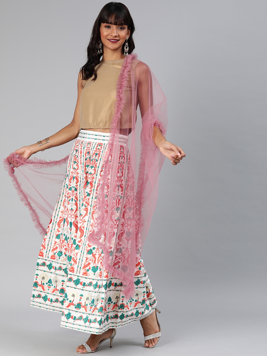 

Inddus Pink Sheer Net Ruffle Dupatta