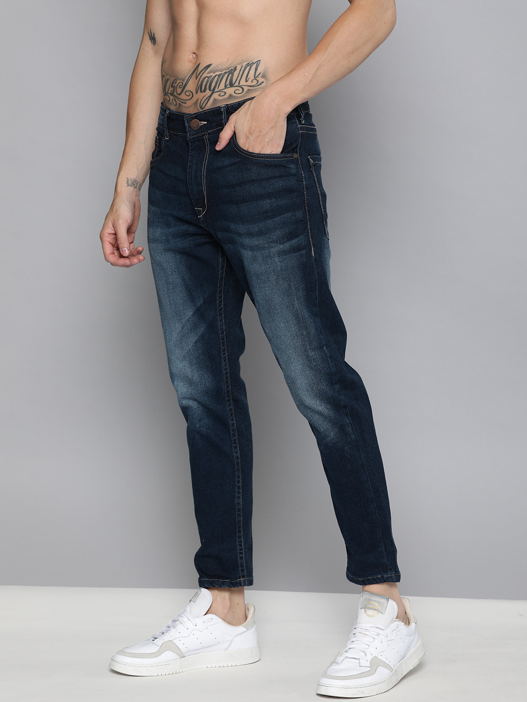 

HERE&NOW Men Blue Slim Tapered Fit Mid-Rise Clean Look Stretchable Cropped Jeans