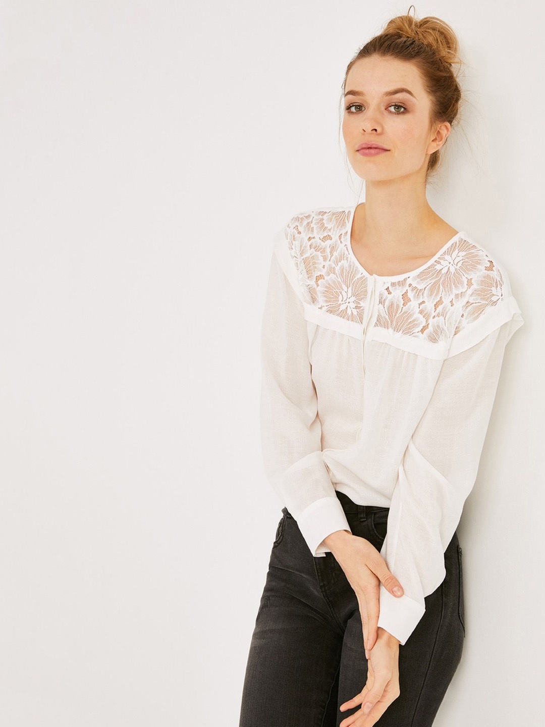 

promod Women White Solid Gathered Lace Up Top