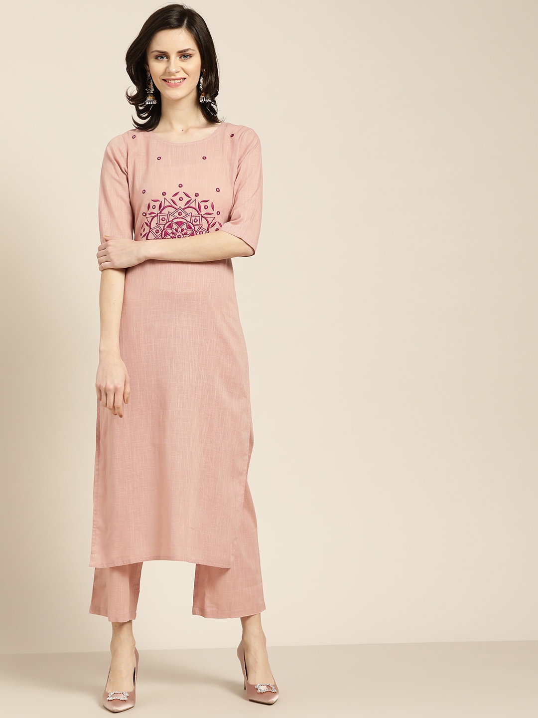 

Jaipur Kurti Women Mauve & Purple Embroidered Yoke Design Kurta with Palazzos