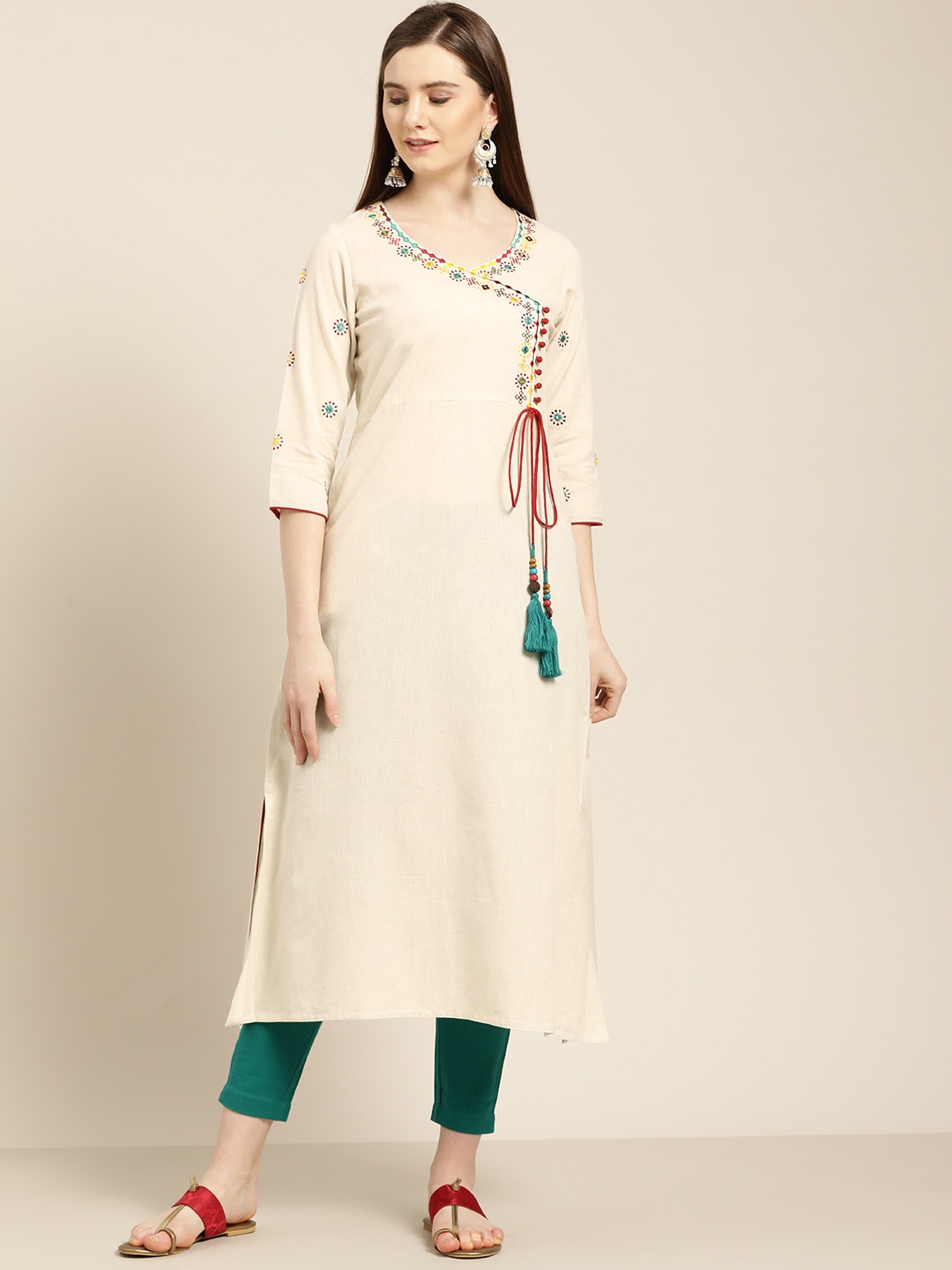 

Jaipur Kurti Women Off-White & Green Solid Angrakha Kurta with Trousers