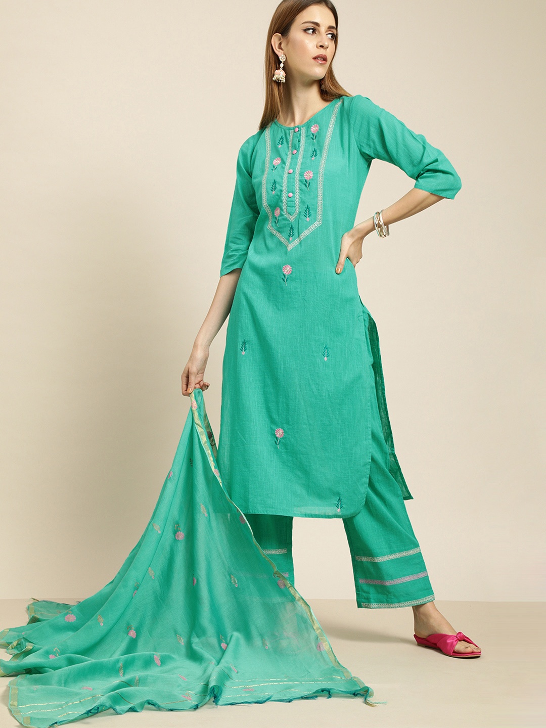 

Jaipur Kurti Women Sea Green Embroidered Kurta with Palazzos & Dupatta