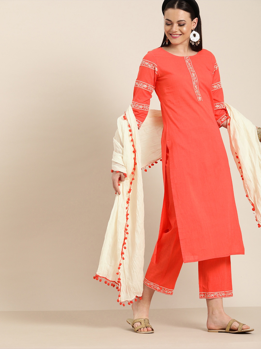

Jaipur Kurti Women Coral Orange Solid Kurta with Trousers & Dupatta
