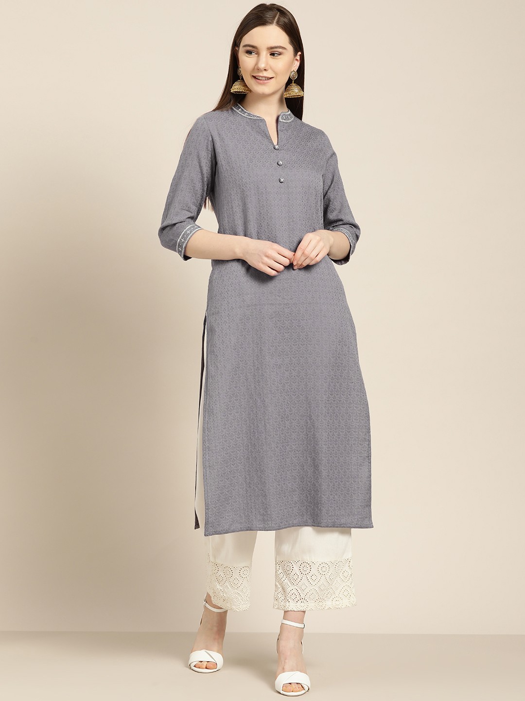 

Jaipur Kurti Women Grey Dobby Woven Design Straight Kurta