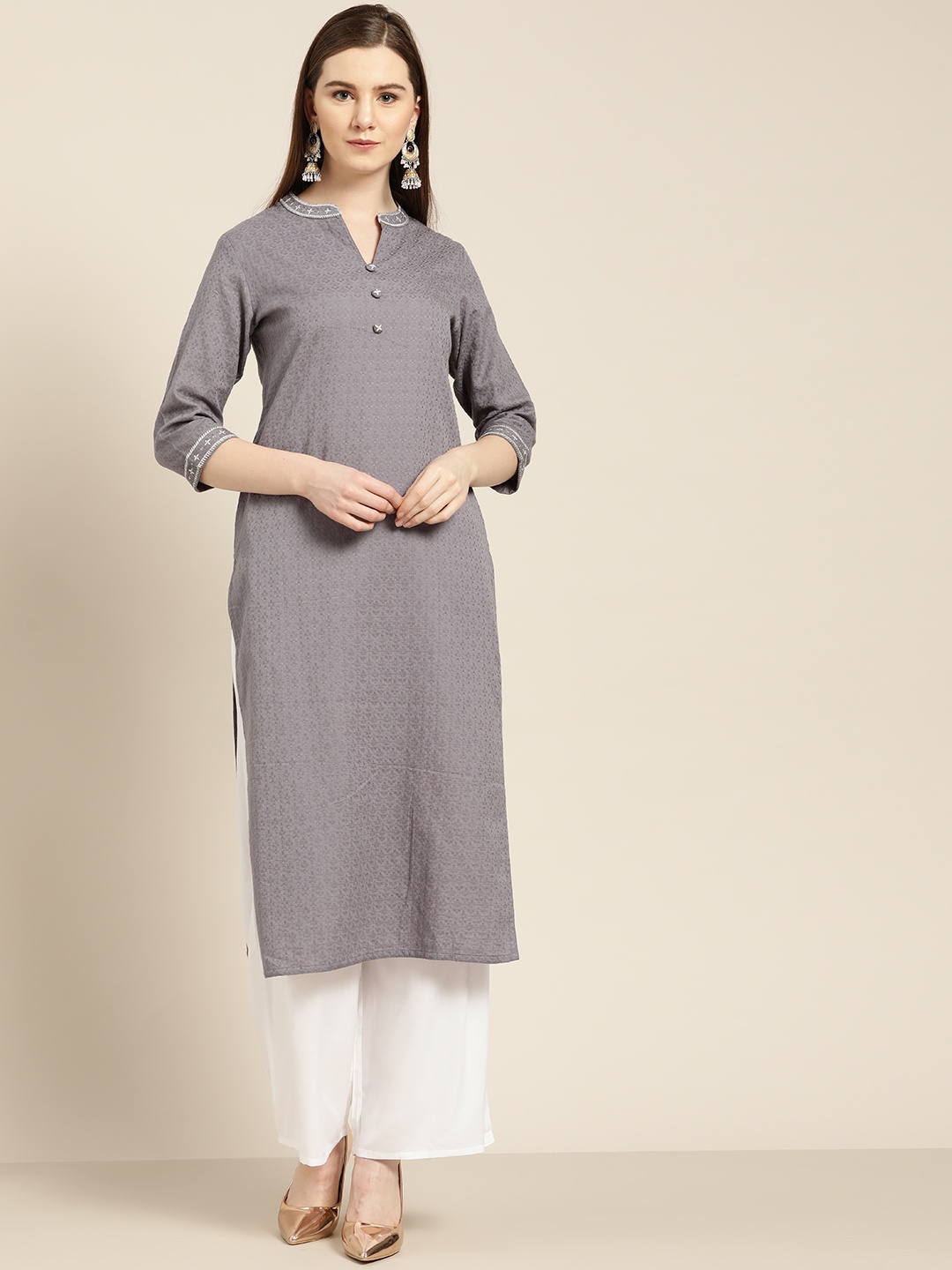 

Jaipur Kurti Women Grey & White Dobby Weave Solid Kurta with Palazzos
