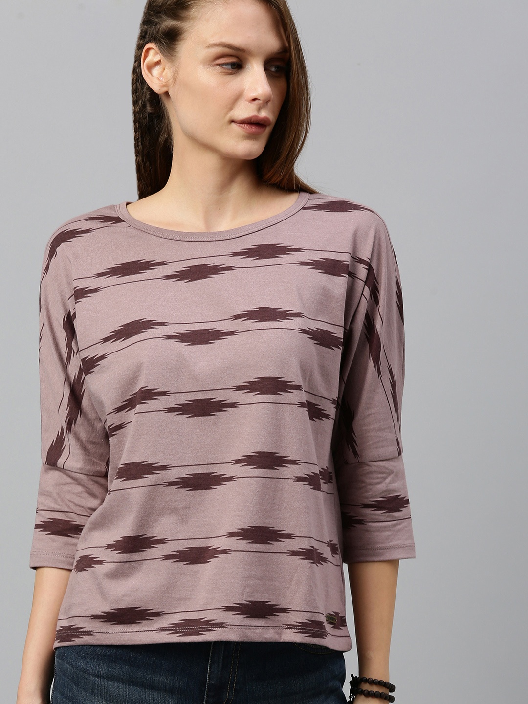 

Roadster Women Mauve & Maroon Printed Round Neck T-shirt