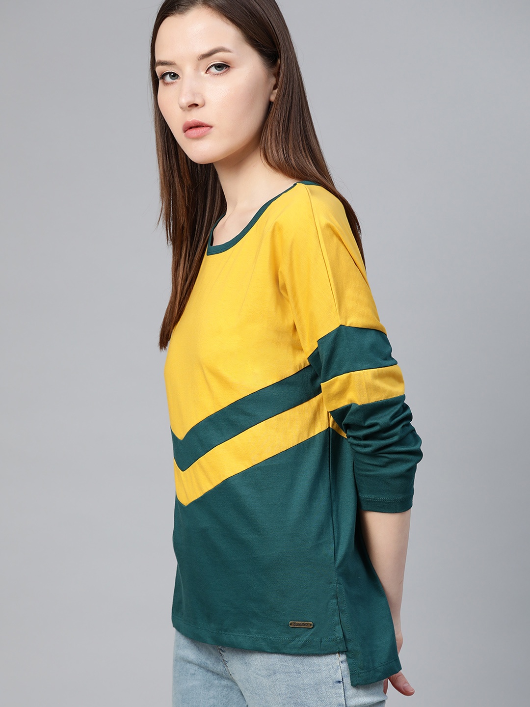 

Roadster Women Mustard Yellow & Green Colourblocked Round Neck T-shirt