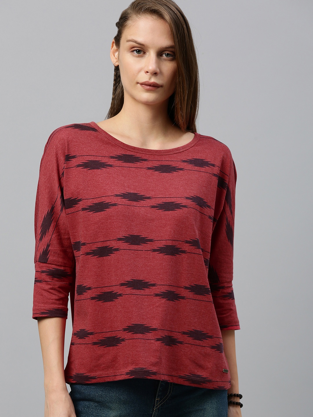 

Roadster Women Red & Coffee Brown Printed Round Neck T-shirt