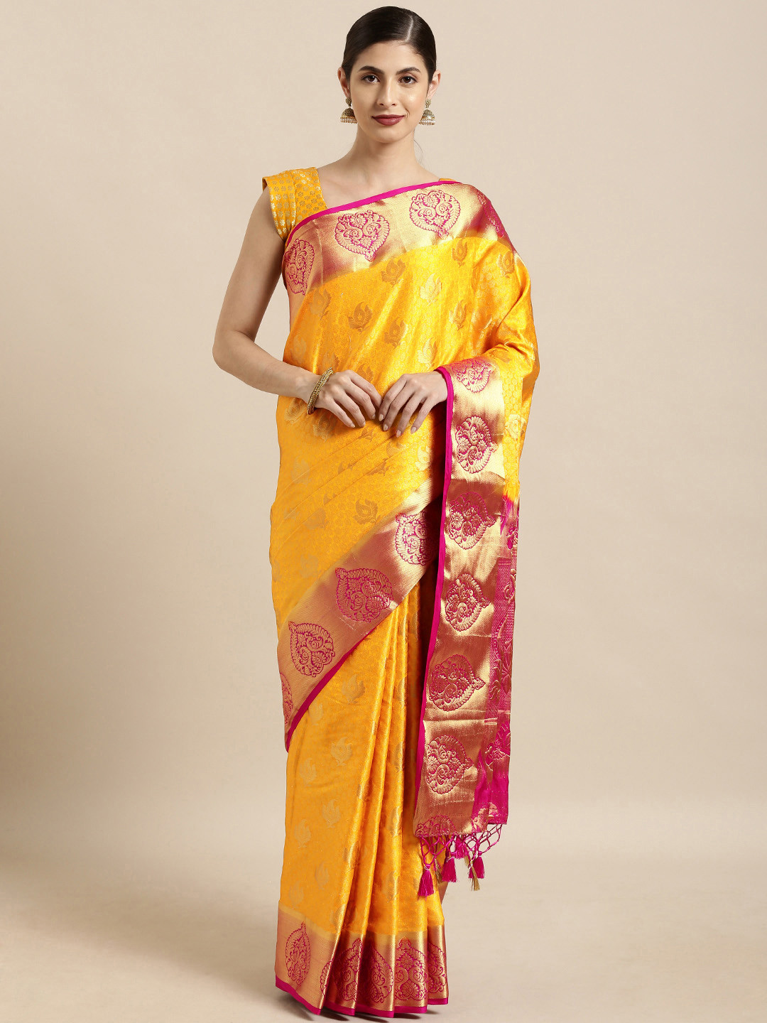 

Mitera Mustard Yellow & Gold-Toned Art Silk Woven Design Kanjeevaram Saree