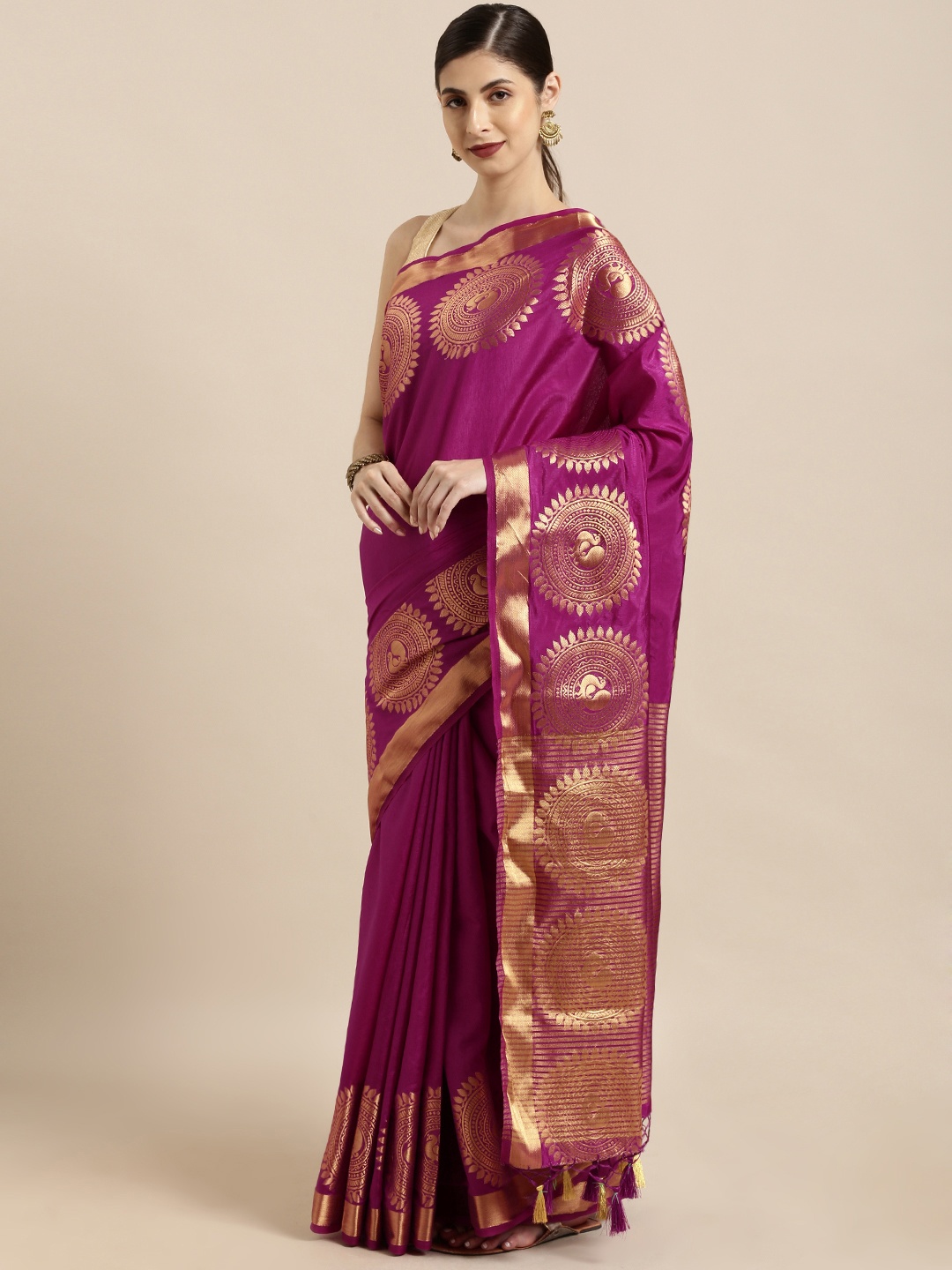 

Mitera Purple & Gold-Toned Art Silk Solid Kanjeevaram Saree