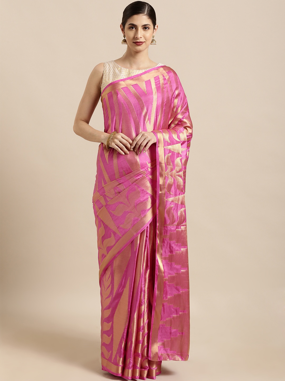 

Mitera Pink & Gold-Toned Art Silk Woven Design Kanjeevaram Saree