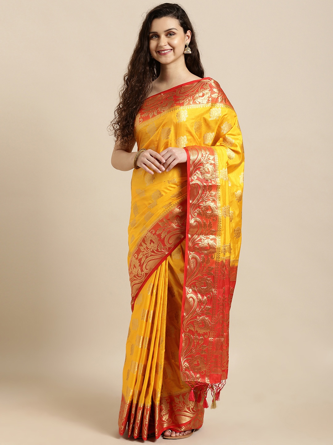 

Mitera Mustard Yellow & Gold-Toned Art Silk Woven Design Kanjeevaram Saree
