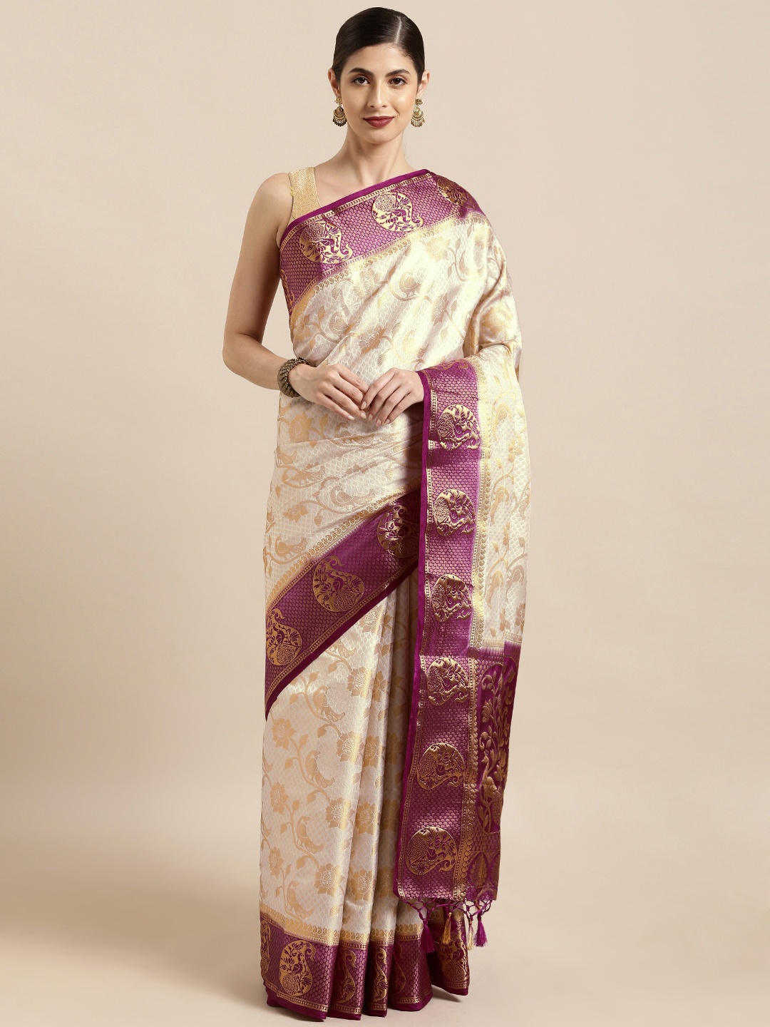 

Mitera Off-White & Purple Art Silk Woven Design Kanjeevaram Saree