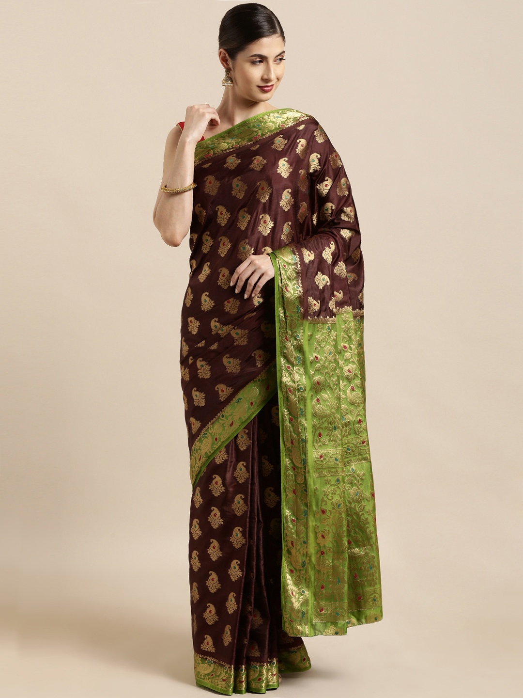

Mitera Brown & Green Art Silk Woven Design Kanjeevaram Saree
