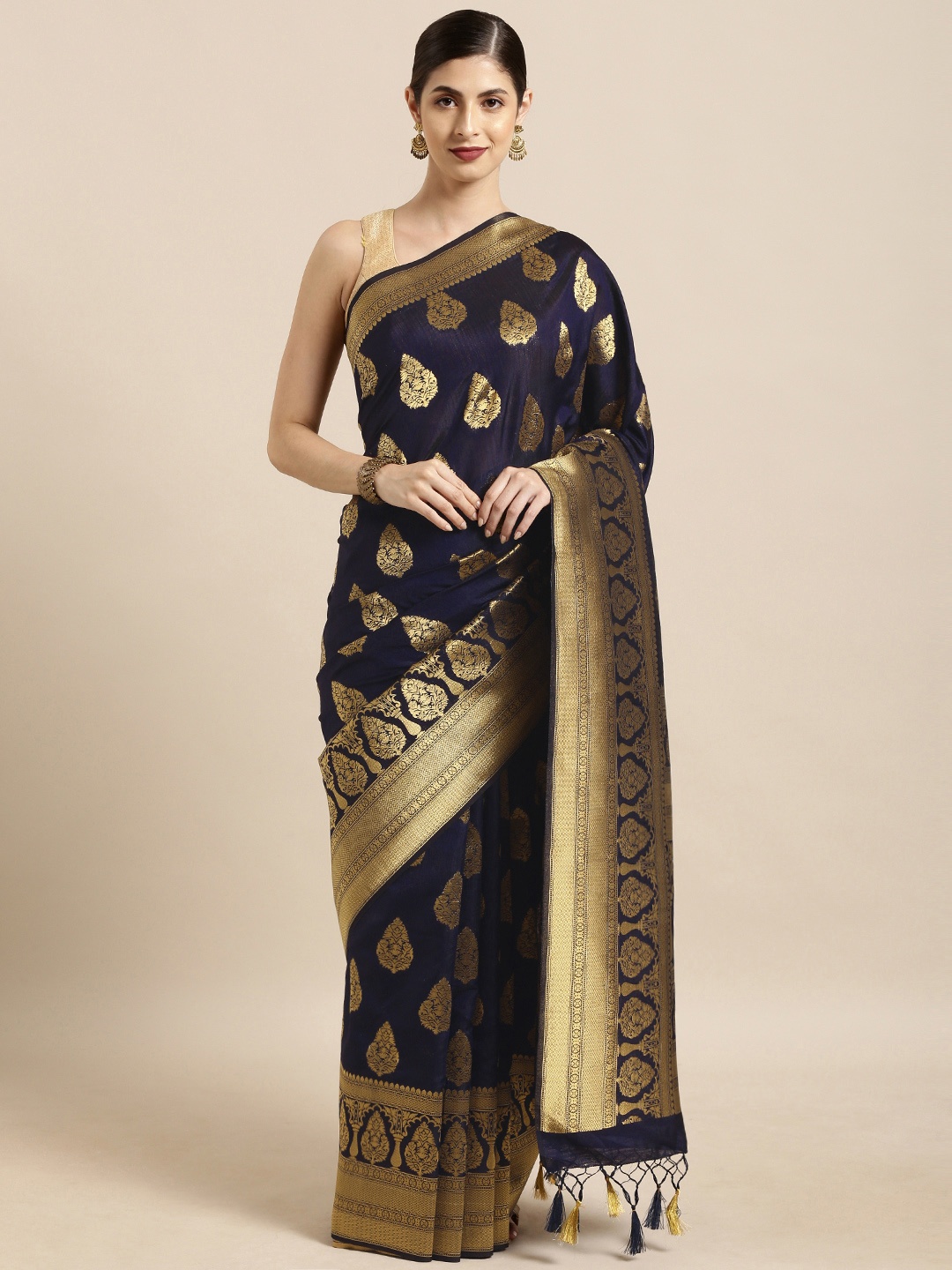 

Mitera Navy Blue & Gold-Toned Art Silk Woven Design Kanjeevaram Saree