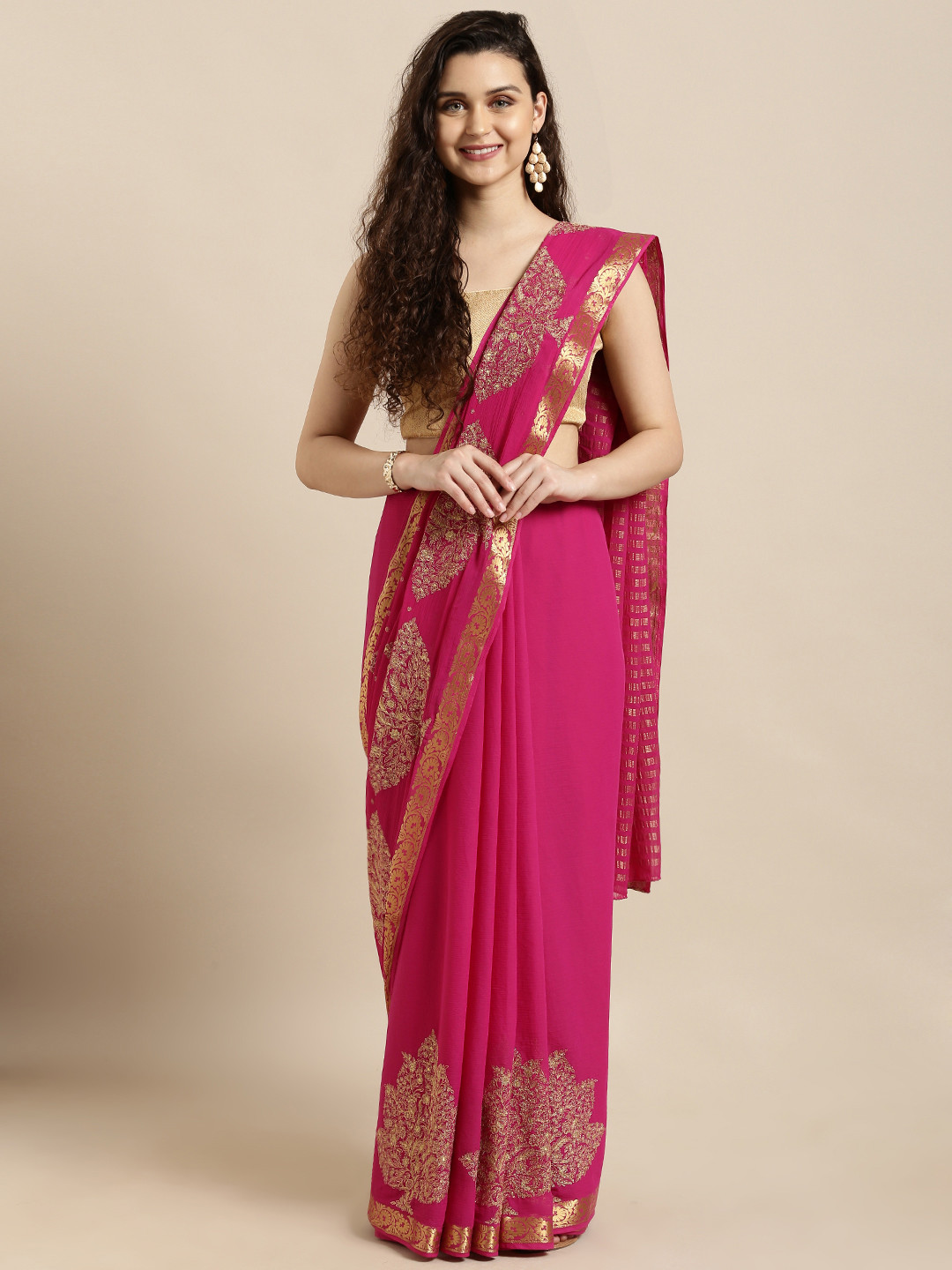 

Mitera Pink Poly Chiffon Embroidered Pochampally Saree