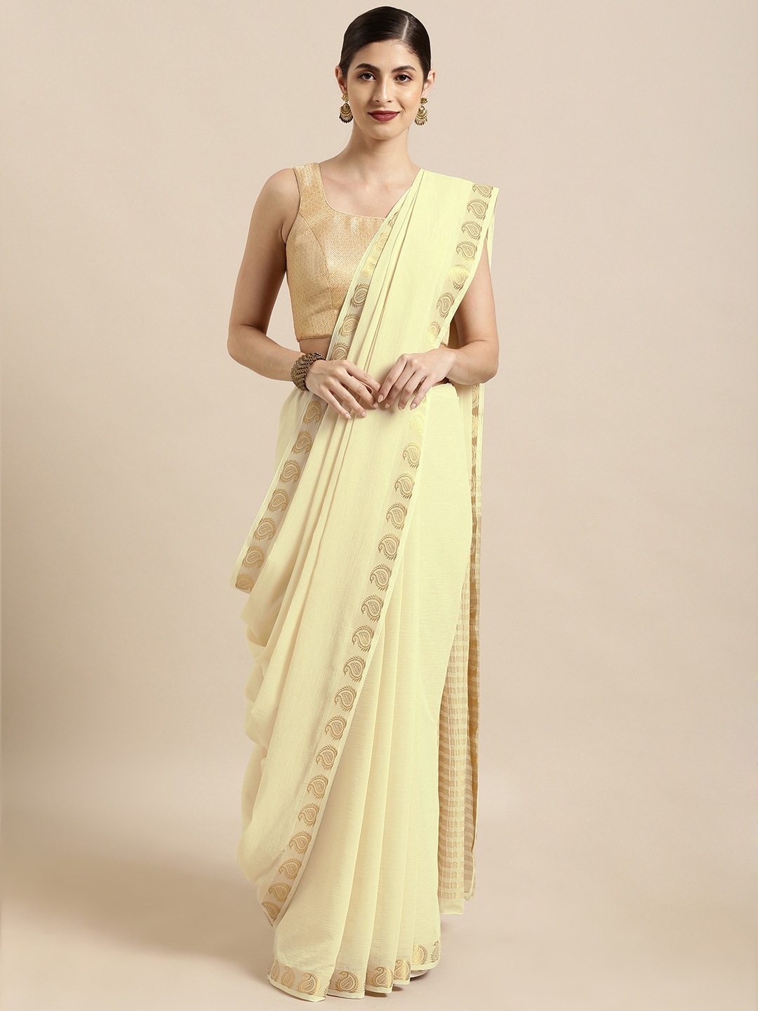 

Mitera Beige Poly Chiffon Solid Pochampally Saree