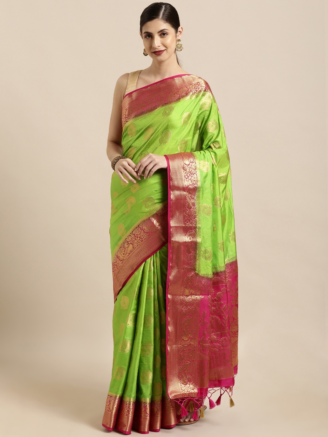 

Mitera Green & Pink Art Silk Woven Design Kanjeevaram Saree