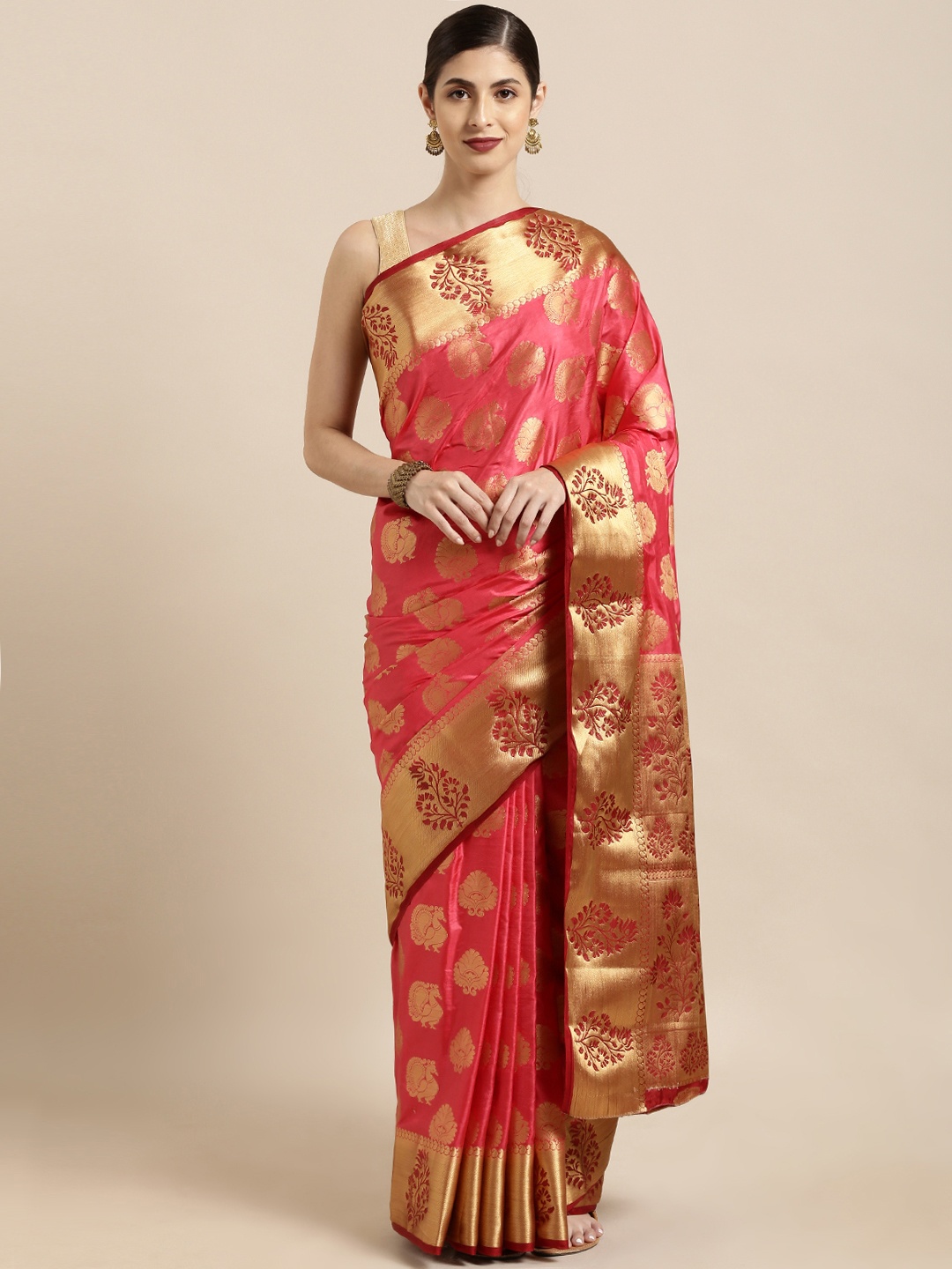 

Mitera Coral Pink & Maroon Art Silk Woven Design Kanjeevaram Saree