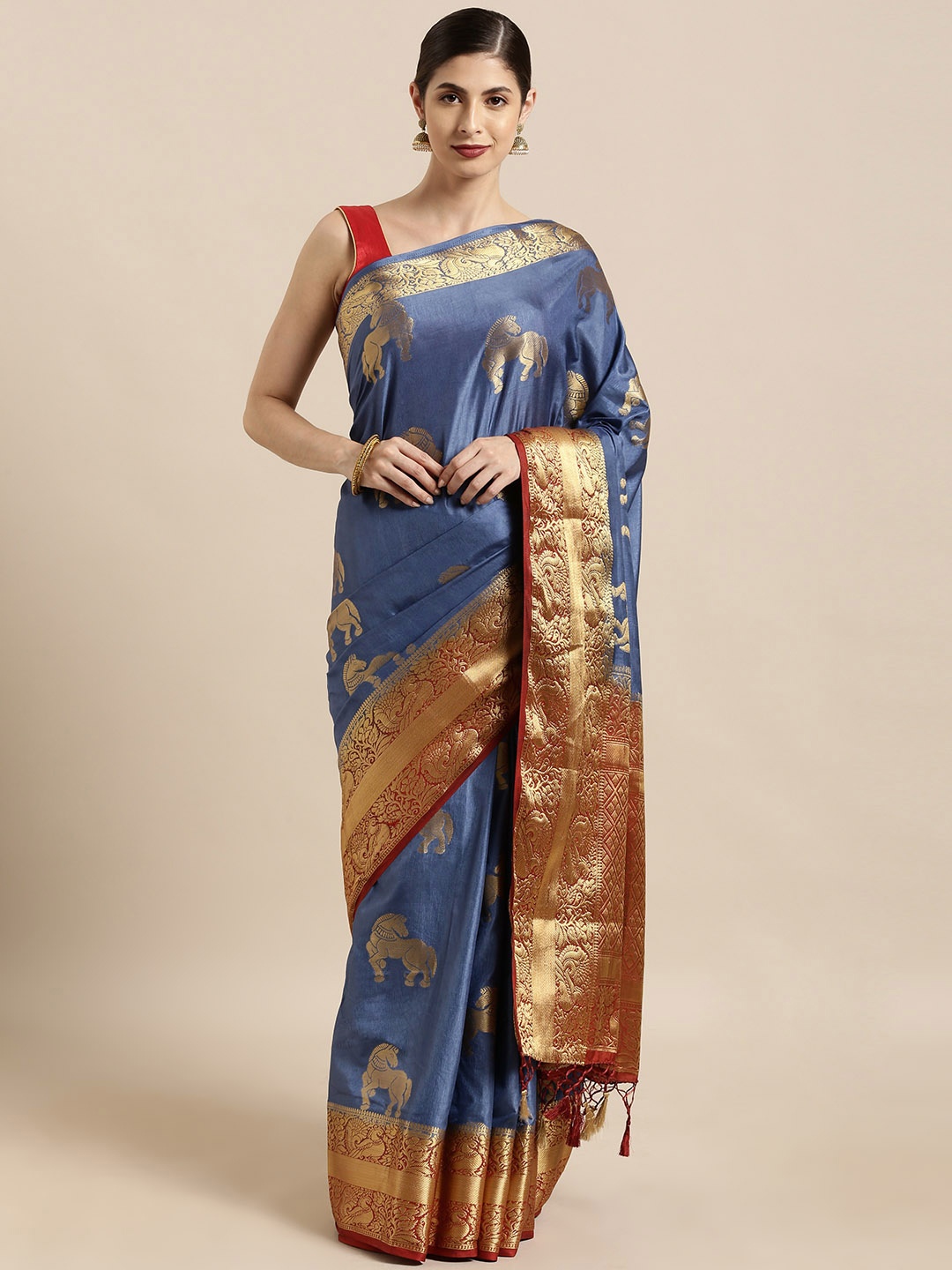 

Mitera Blue & Red Art Silk Woven Design Kanjeevaram Saree