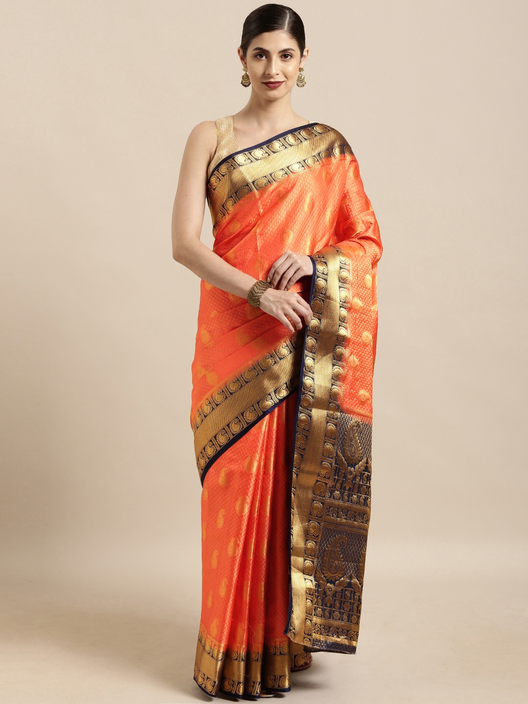 Mitera Orange & Gold-Toned Art Silk Woven Design Kanjeevaram Saree