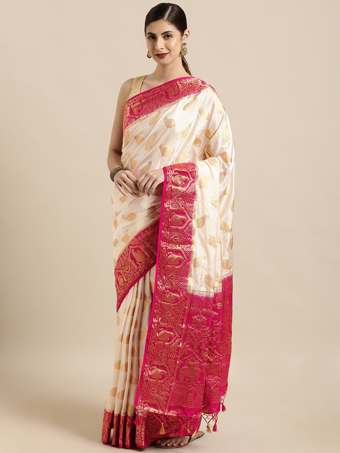 

Mitera Off-White & Red Art Silk Woven Design Kanjeevaram Saree