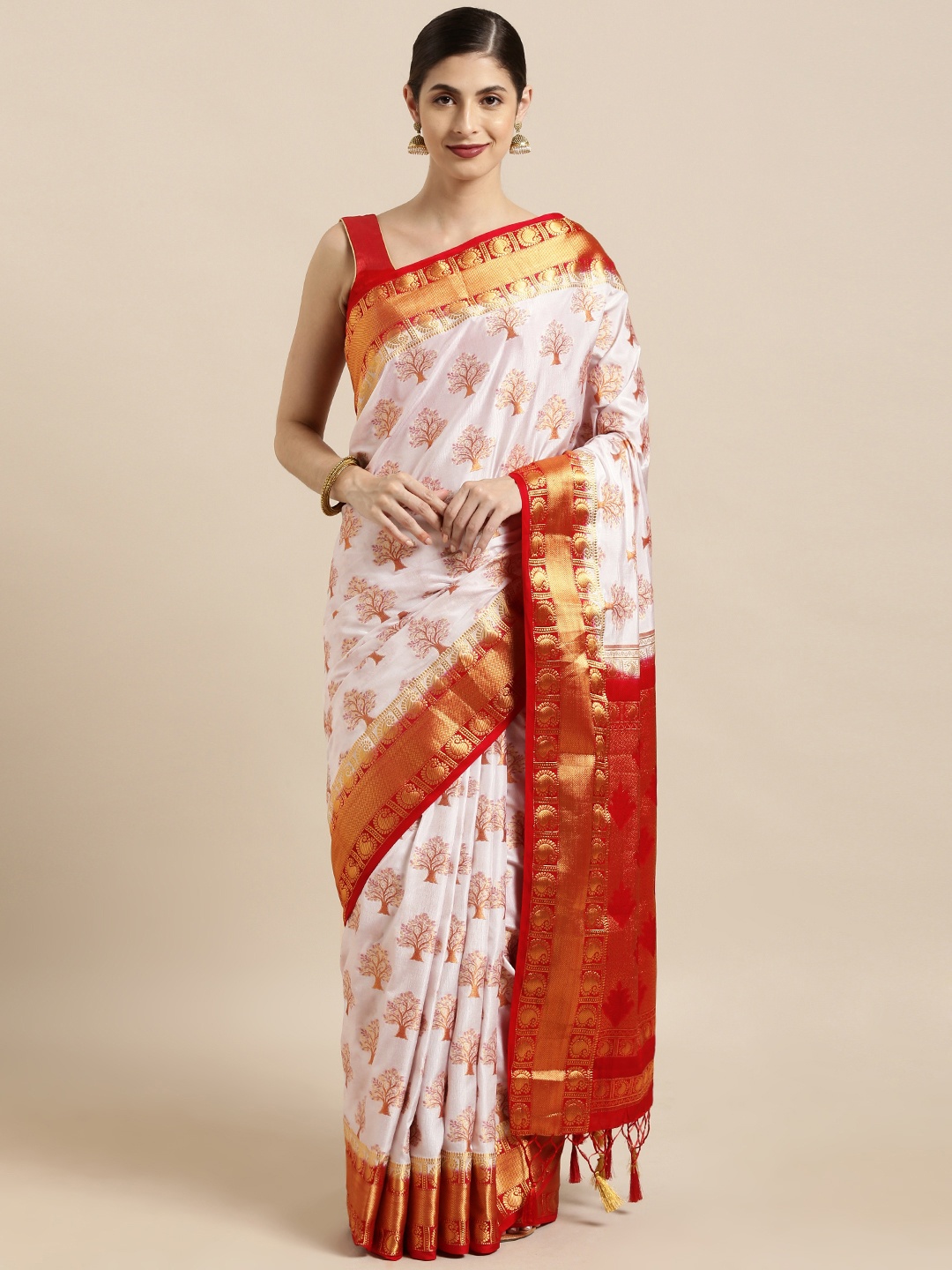 

Mitera Off-White & Orange Art Silk Woven Design Kanjeevaram Saree