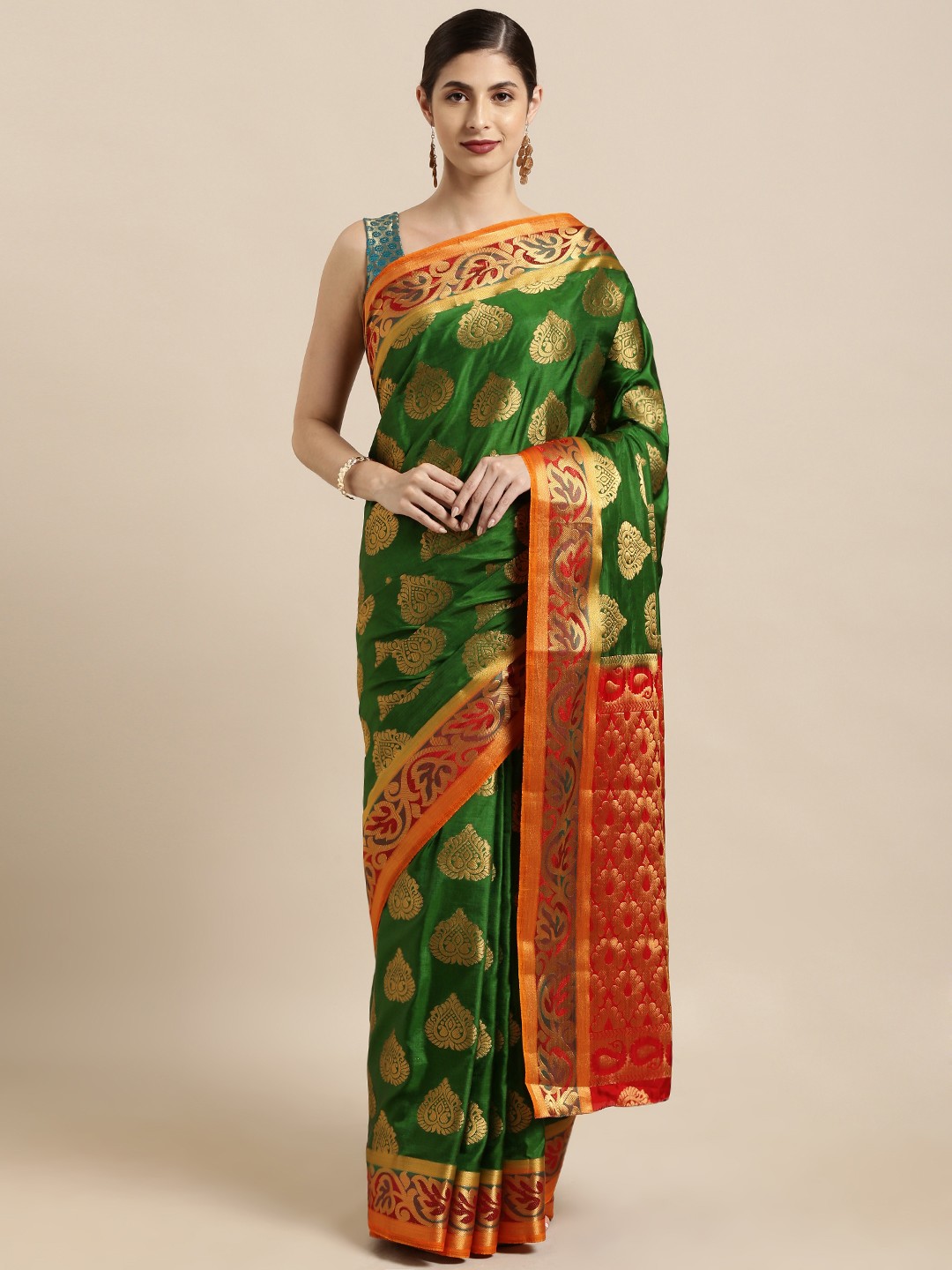 

Mitera Green & Gold-Toned Art Silk Woven Design Kanjeevaram Saree