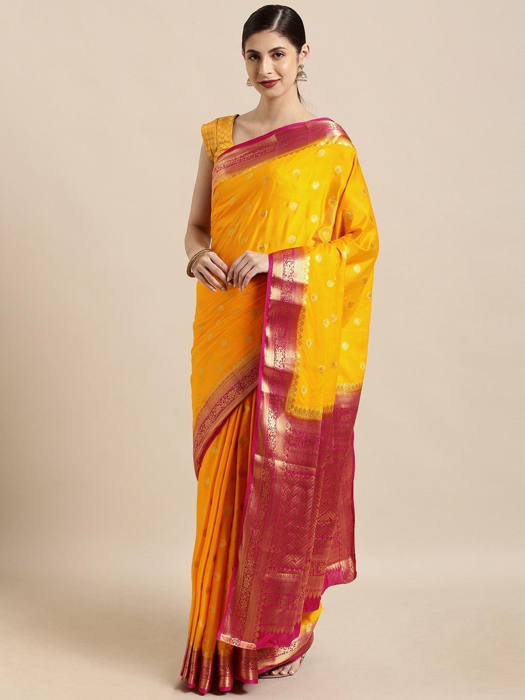 

Mitera Mustard Yellow & Gold-Toned Poly Crepe Woven Design Mysore Silk Saree