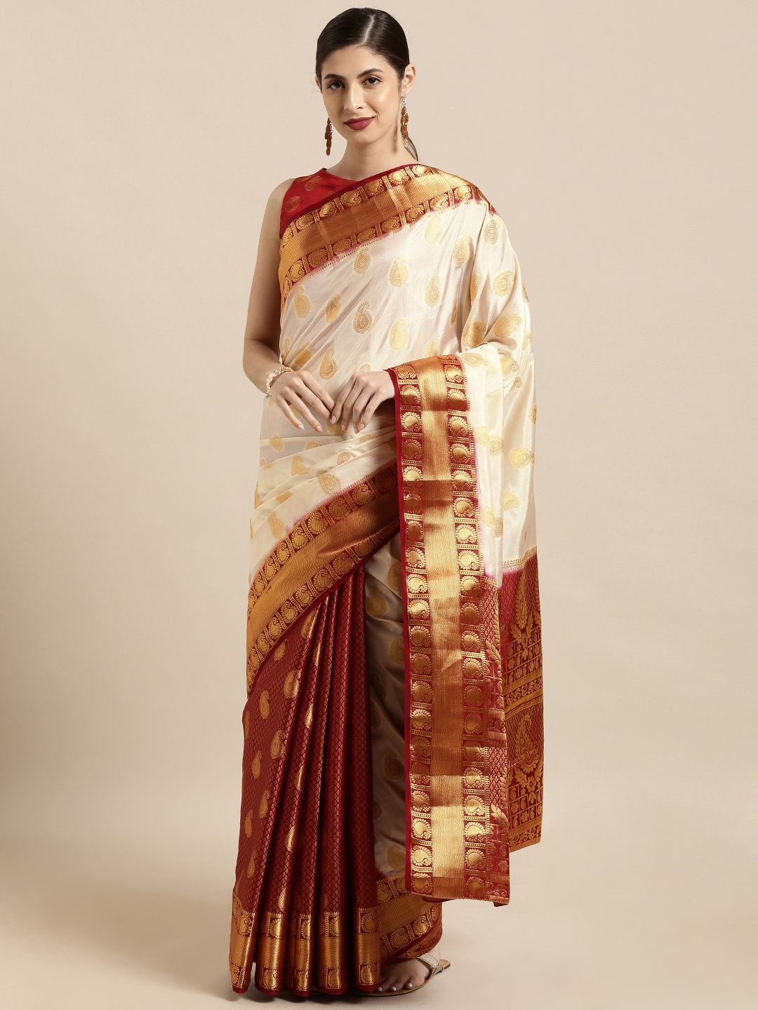 

Mitera Off-White & Gold-Toned Art Silk Woven Design Kanjeevaram Saree