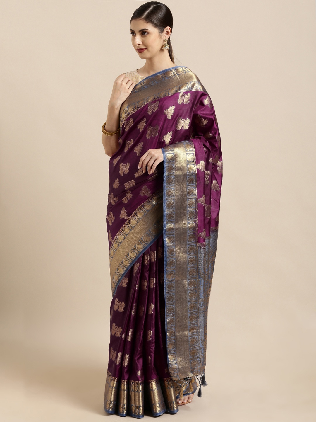 

Mitera Purple & Gold-Toned Art Silk Woven Design Kanjeevaram Saree