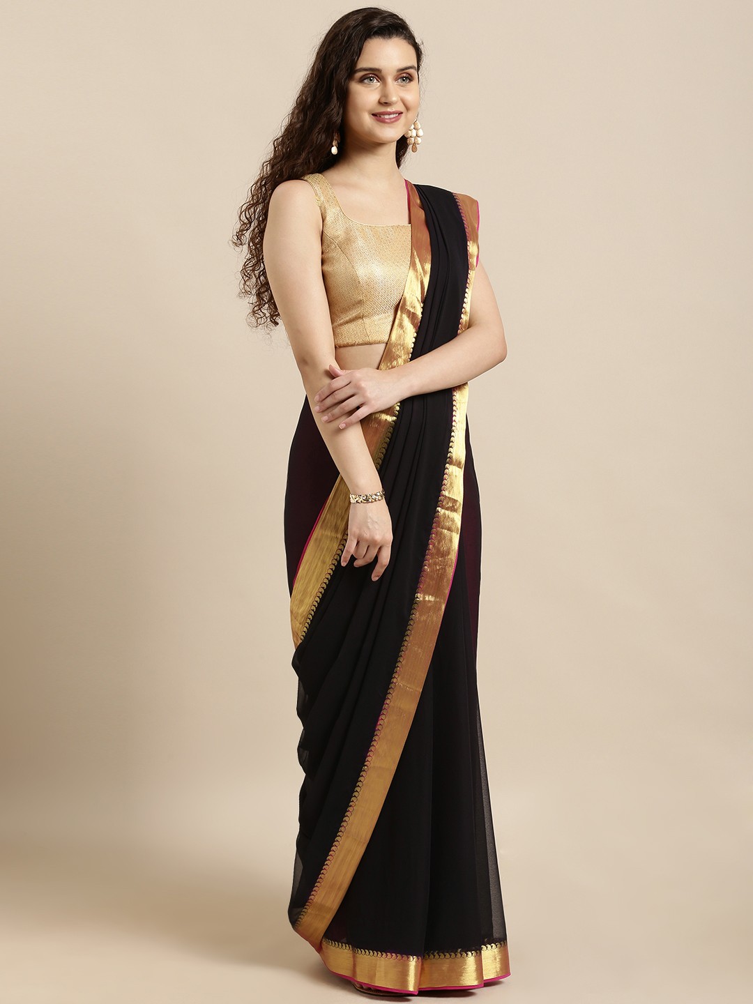 

Mitera Black Poly Chiffon Solid Mysore Silk Saree