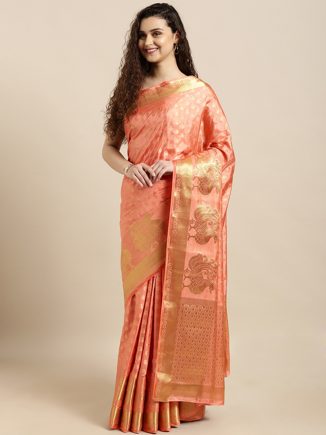 

Mitera Peach-Coloured & Gold-Toned Art Silk Woven Design Kanjeevaram Saree