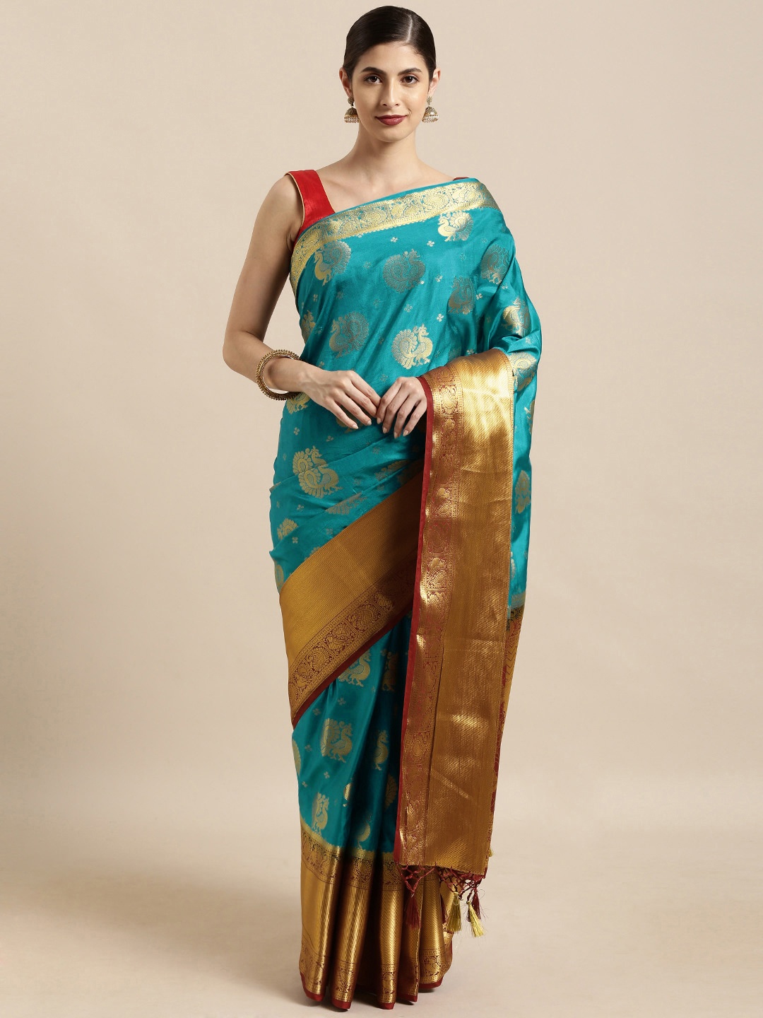 

Mitera Teal Blue & Gold-Toned Art Silk Woven Design Kanjeevaram Saree