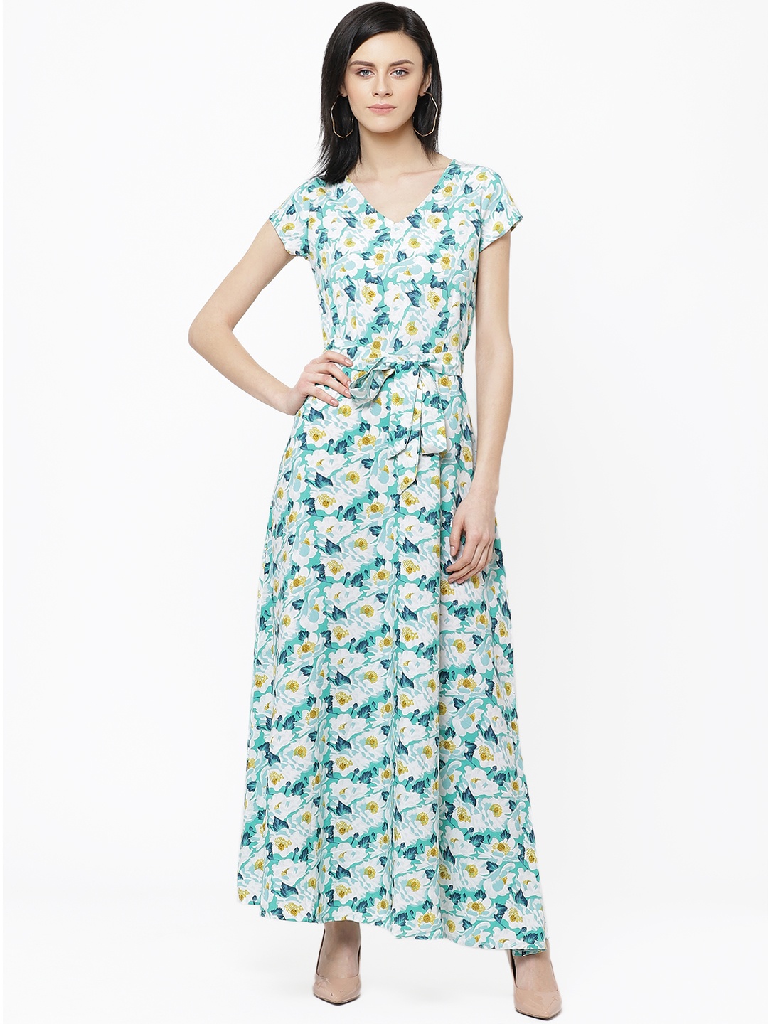 

Deewa Women Green & White Floral Printed Maxi Dress