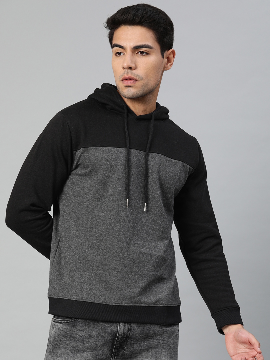 

American Crew Men Black & Charcoal Grey Colourblocked Hooded Sweatshirt