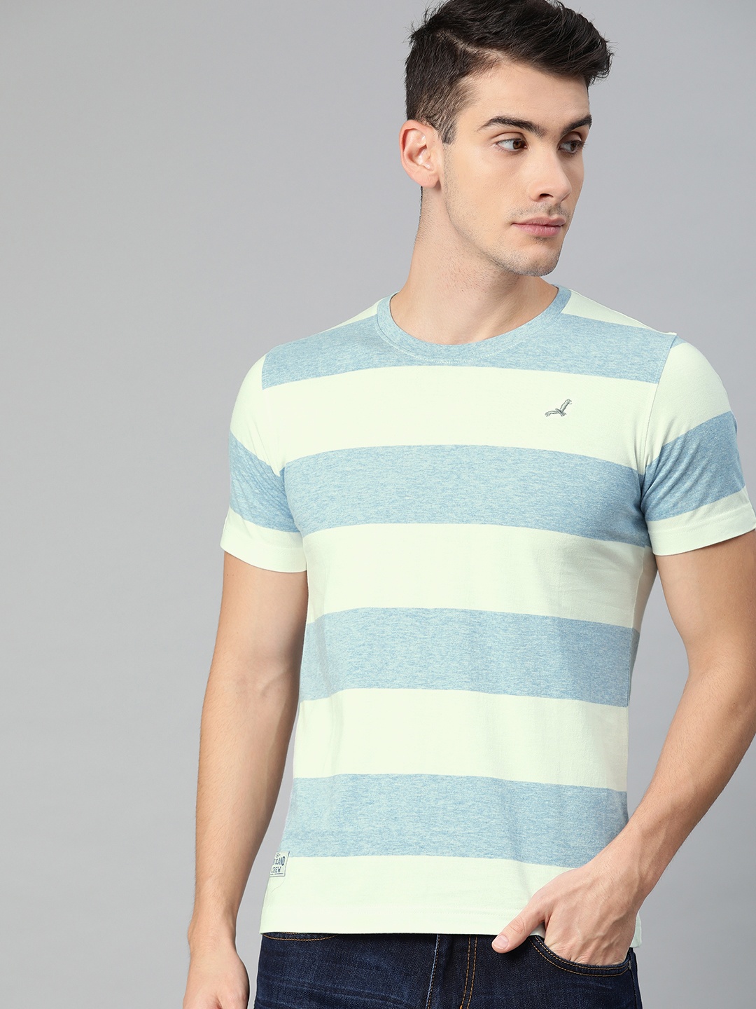 

American Crew Men White Blue Striped Round Neck Pure Cotton T-shirt