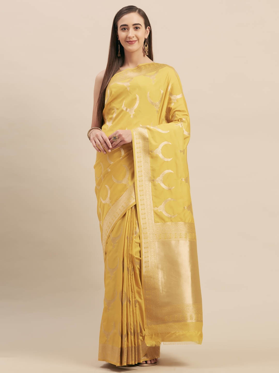 

Mitera Yellow Silk Blend Woven Design Kanjeevaram Saree