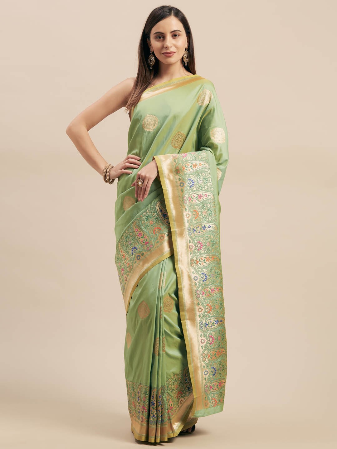 

Mitera Green Silk Blend Woven Design Kanjeevaram Saree
