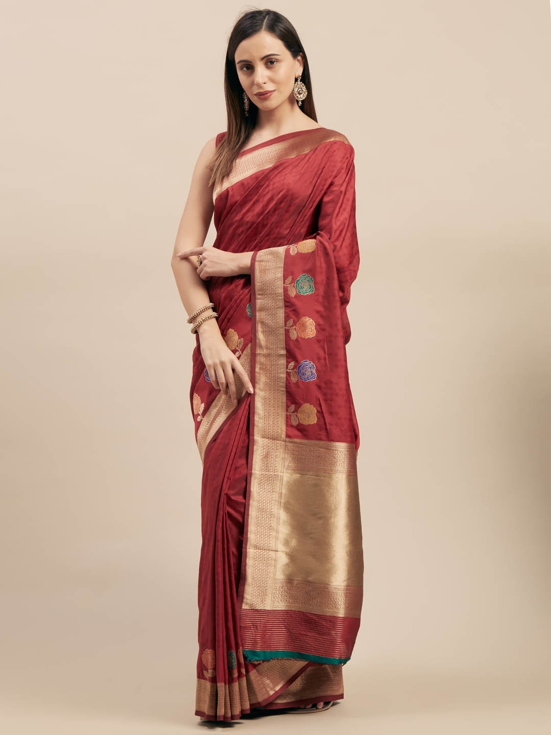 

Mitera Red Silk Blend Woven Design Kanjeevaram Saree
