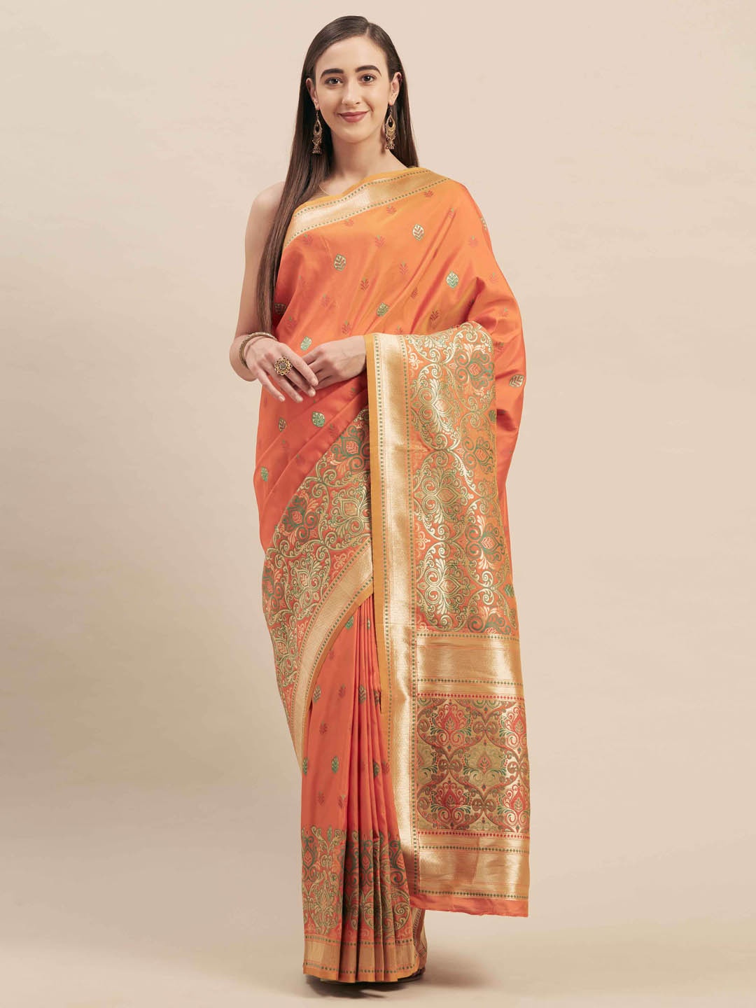 

Mitera Orange Silk Blend Woven Design Kanjeevaram Saree