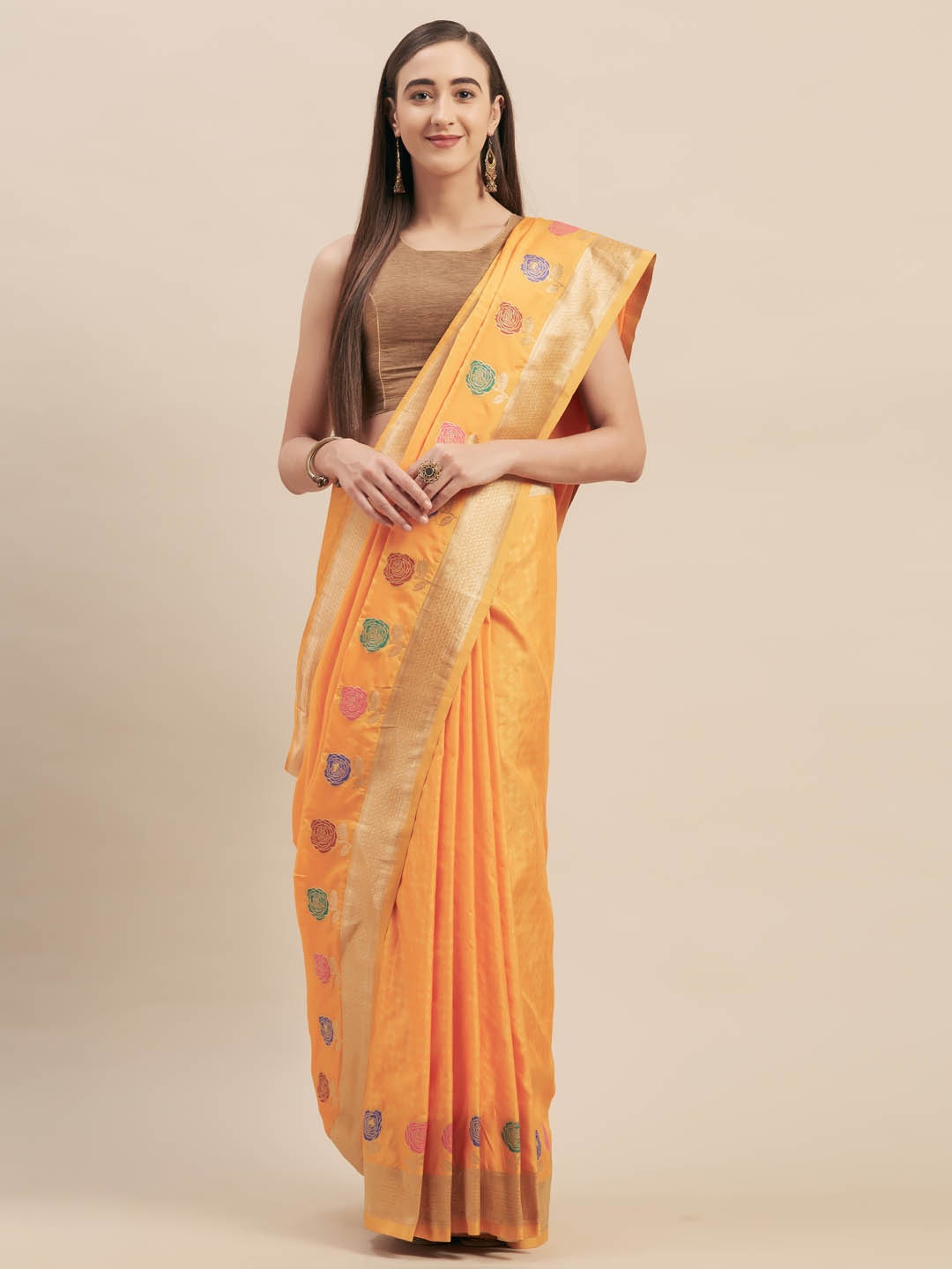 

Mitera Orange Silk Blend Woven Design Kanjeevaram Saree