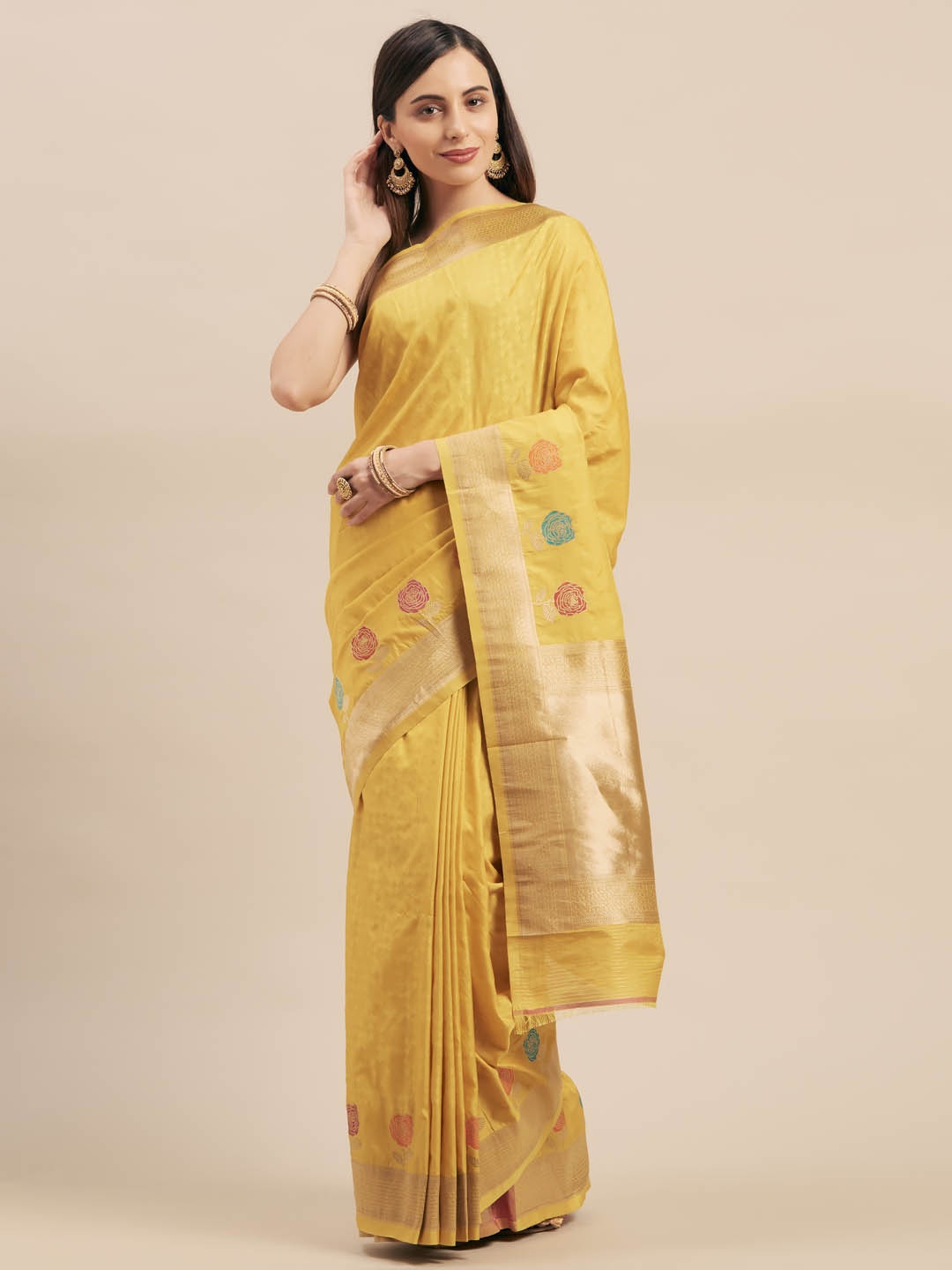 

Mitera Yellow Silk Blend Woven Design Kanjeevaram Saree