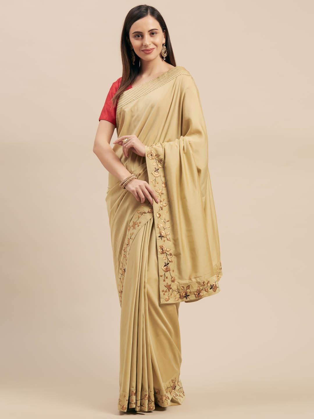 

Mitera Beige & Red Silk Blend Solid Chanderi Saree